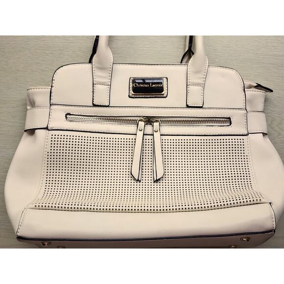 PURSE-CHRISTIAN LACROIX-Cream/Beige-Handles-Large-Faux Leather-Tote-Zippers - Picture 5 of 16